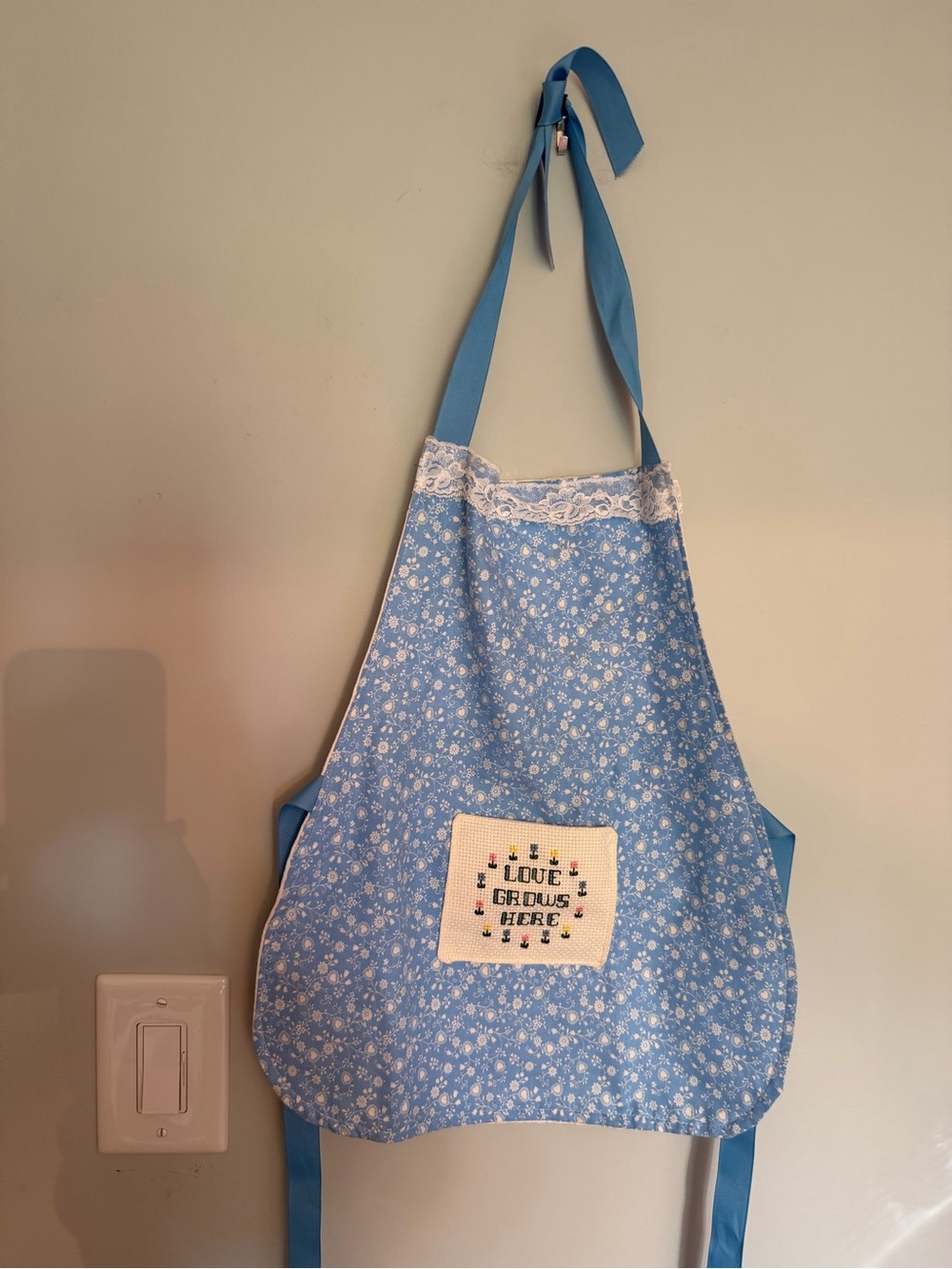 Blue Girls  Floral Apron with Cross-Stitch Patch